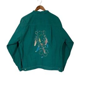80’s-90’s Styled Teal Western Feather Dream Catcher Embroidered Jacket Small
